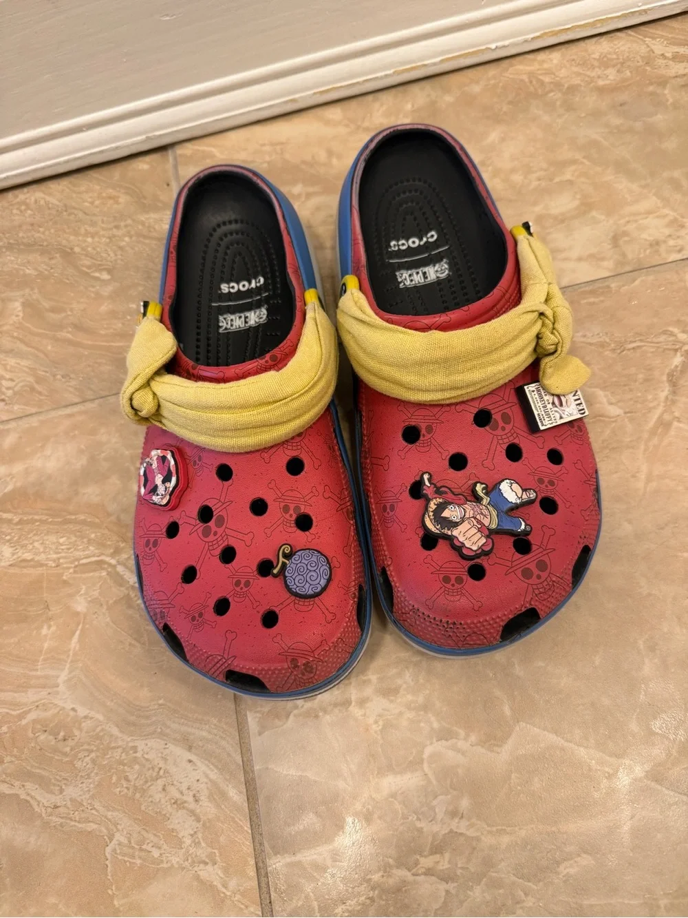CROCS Red Kids Clog Sandals with Yellow Strap and Blue Trim